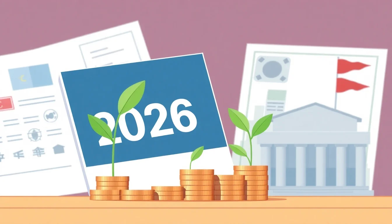 2026년, 동전 위에 싹이 돋아나고 건물과 서류가 보인다.