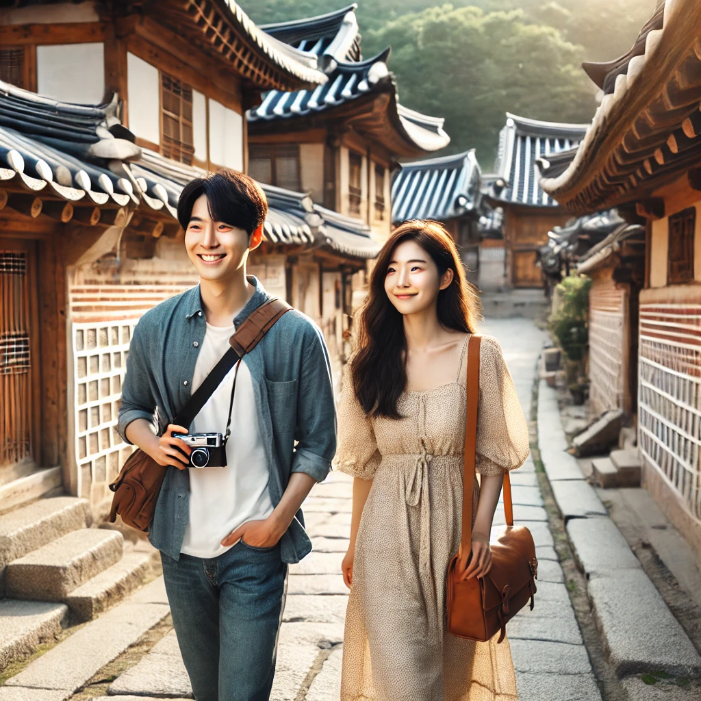 젊은 남녀가 한옥마을을 여행하는 사진