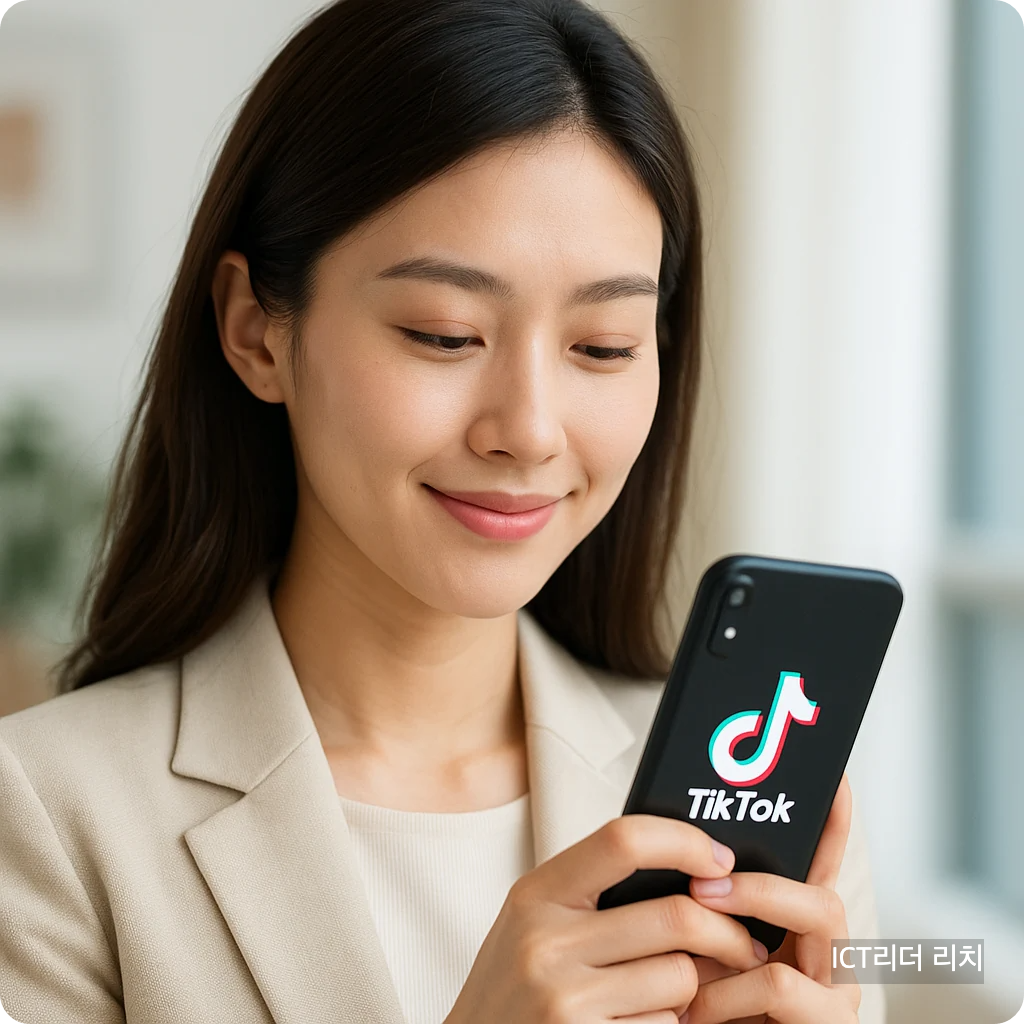 20대 여성이 틱톡을 확인하며 신뢰감 있는 미소를 짓는 모습 &ndash; 정보보안과 신뢰 상징
