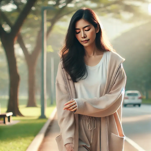 공원에서 천천히 산책하며 생각에 잠긴 40대 초반 동양인 여성