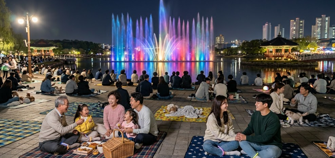 만석공원 음악분수대 주변에 돗자리를 펴고 앉아 야경을 즐기는 사람들