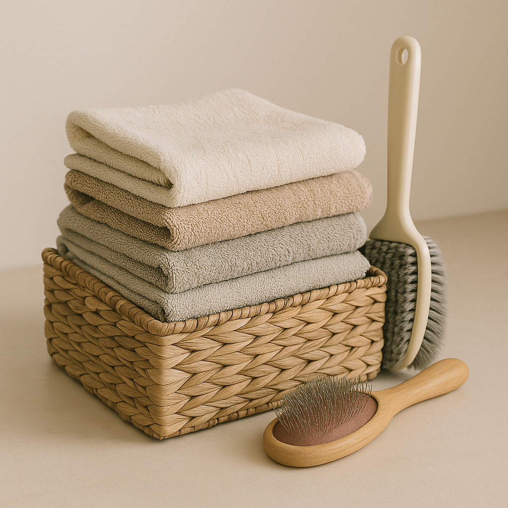 오래된 수건을 깔끔하게 정리해 청소용 또는 반려동물용으로 재활용한 예시