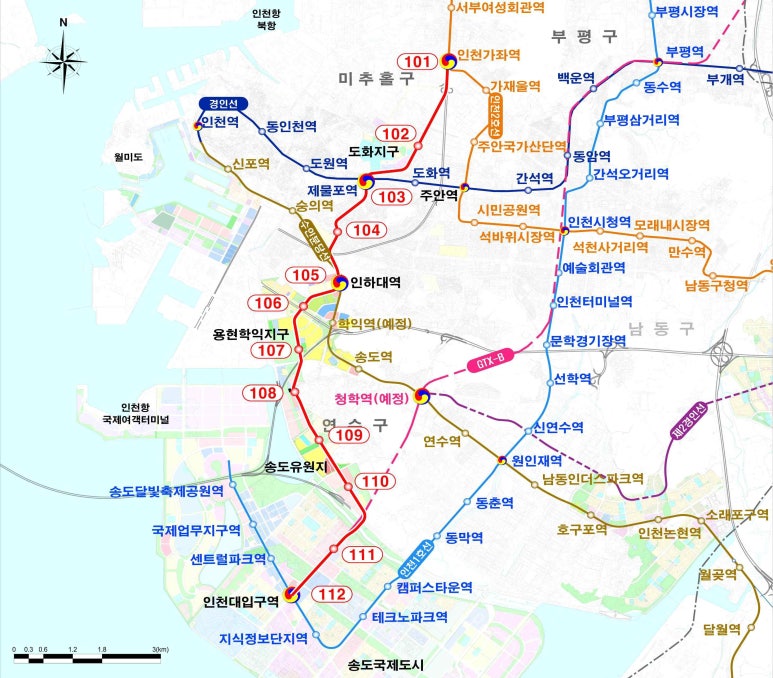 인천가좌역에서 제물포역, 인하대역을 거쳐 송도 인천대입구역까지 연결되는 가좌송도선 노선도