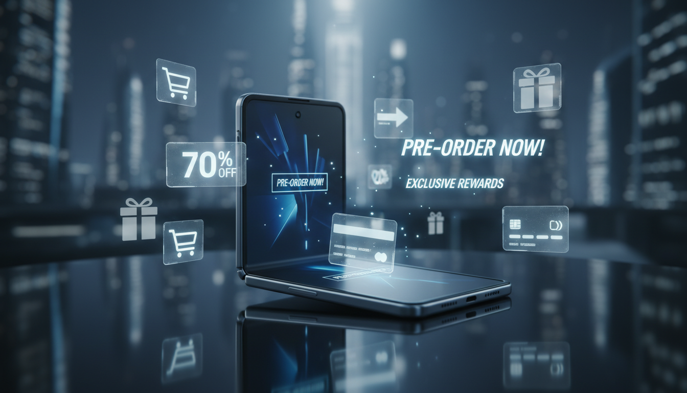 2026년 갤럭시 폴드8 스마트폰의 세련된 디자인과 사전예약 혜택을 상징하는 홀로그램 아이콘