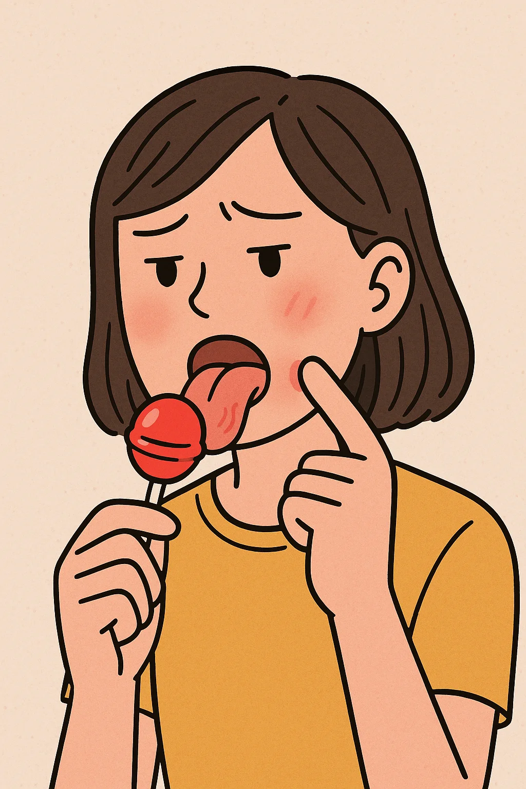 사탕을 오랫동안 물고 있다가 혀가 아파 당황한 표정을 짓는 어린 사람의 일러스트