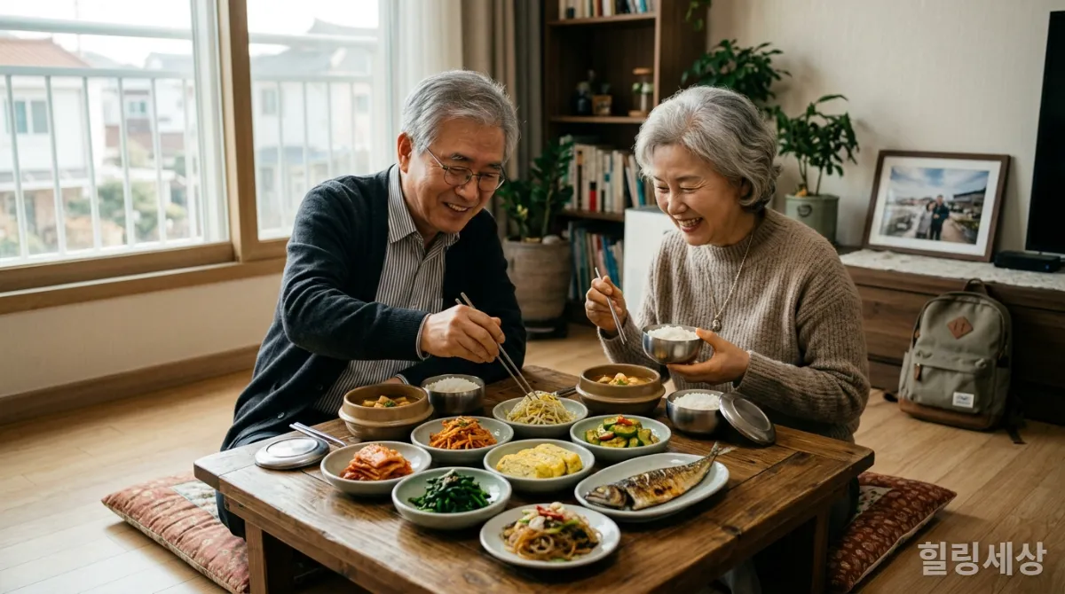 여행 후 집에서 건강한 한식을 즐기는 한국인 시니어 부부의 모습