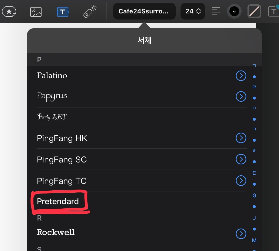 굿노트에서 서체 목록을 캡쳐한 화면입니다.