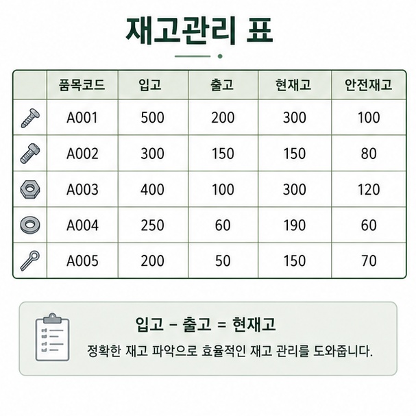 품목코드, 입고, 출고, 현재고, 안전재고 항목으로 구성한 재고관리 표 이미지