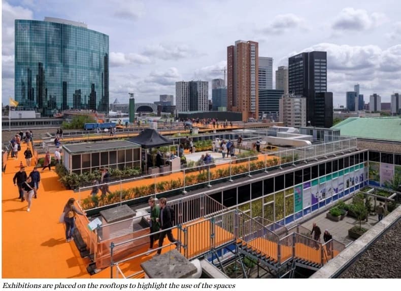 600m 길이 오렌지색 통로 로테르담 옥상 워크 MVRDV creates 600-metre-long orange walkway that bridges Rotterdam roofs