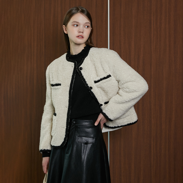 플라스틱아일랜드 배색 시어링 뽀글이 무스탕 자켓 PN4MJ081