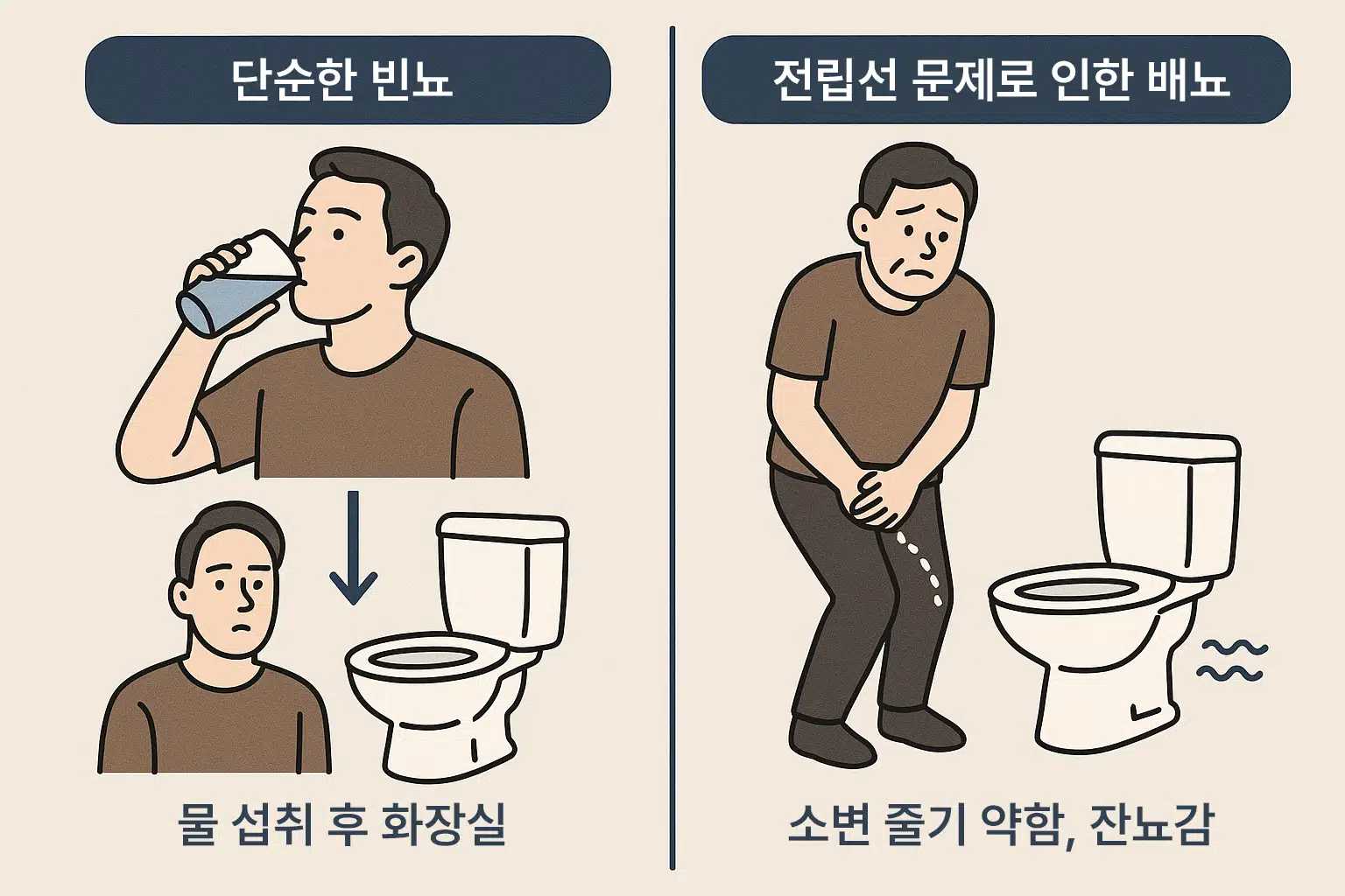 단순한 빈뇨 (물 섭취 후 화장실), 오른쪽 – 전립선 문제로 인한 배뇨 장애(소변 줄기 약함, 잔뇨감)