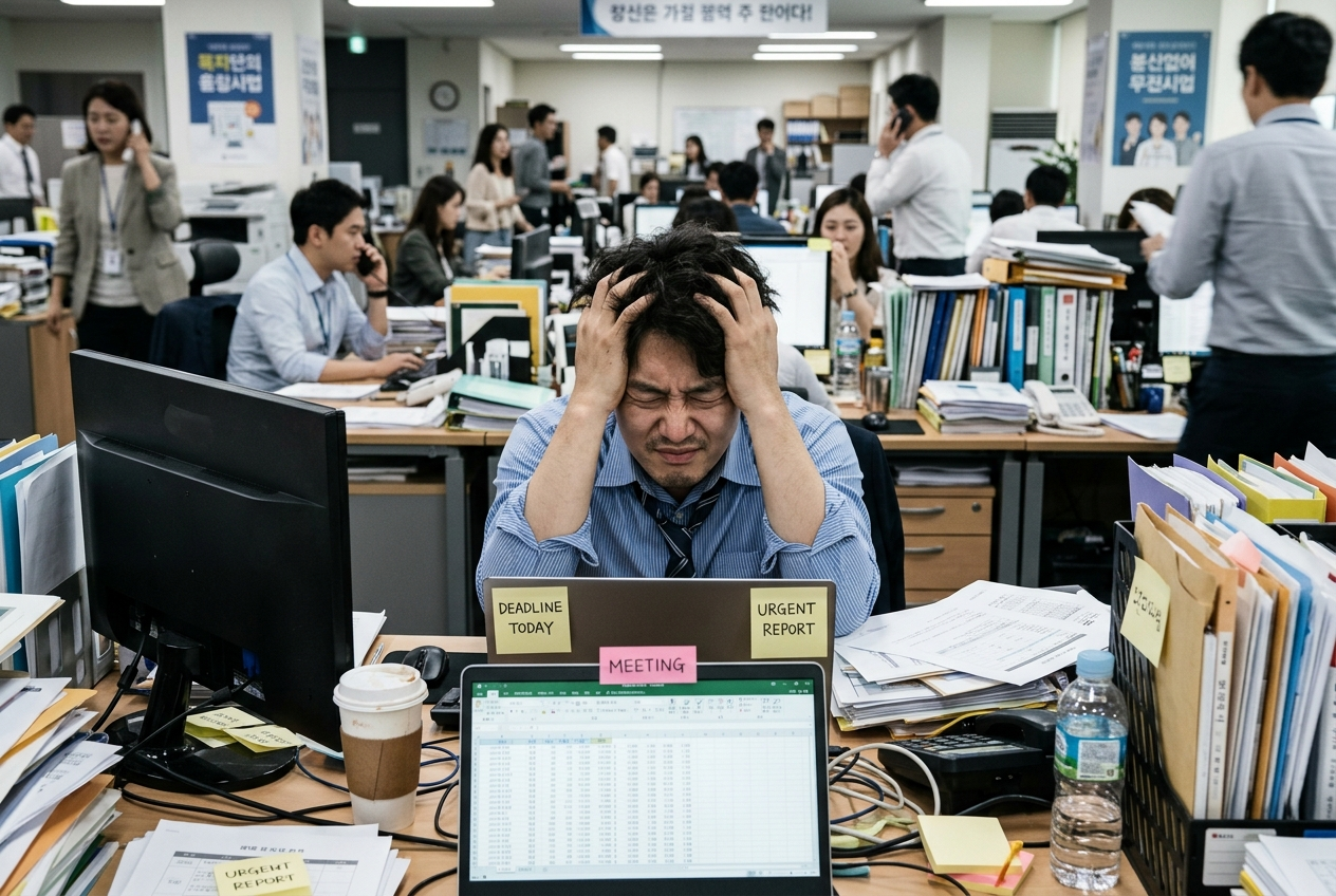 산만한 업무 환경에서 머리를 감싸 쥐고 스트레스받는 성인 직장인의 모습