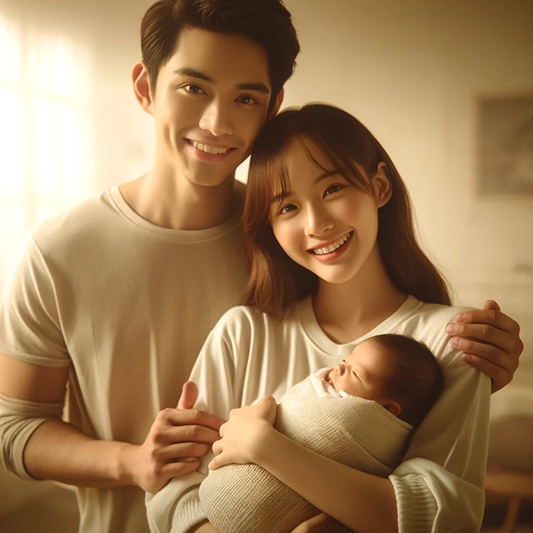 신생아 특례 대출 관련 내용을 설명하기 위한 이미지로써 신혼부부가 신생아를 안고 있는 모습