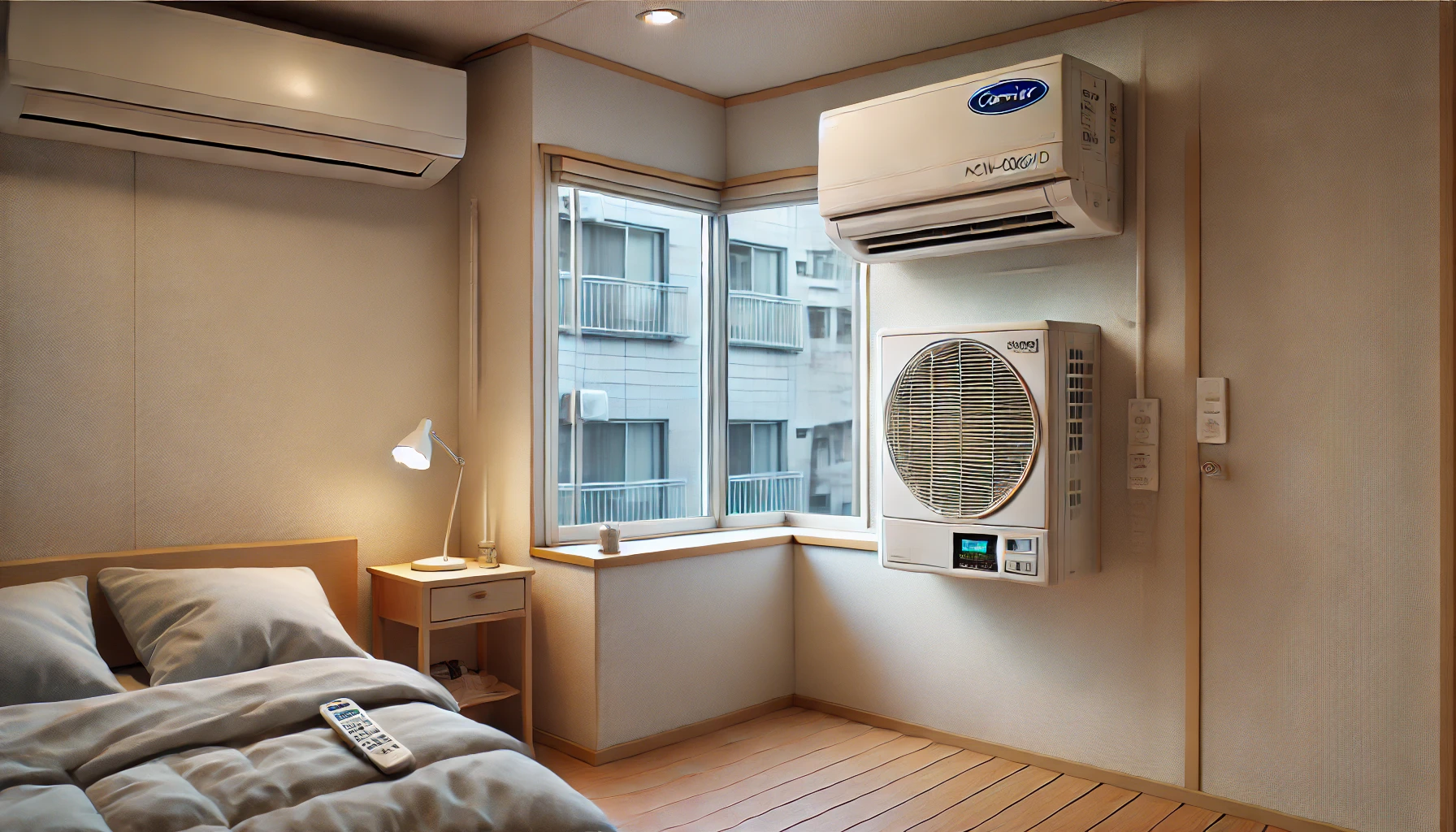 무타공 설치된 캐리어 창문형 에어컨이 작동 중인 원룸 모습