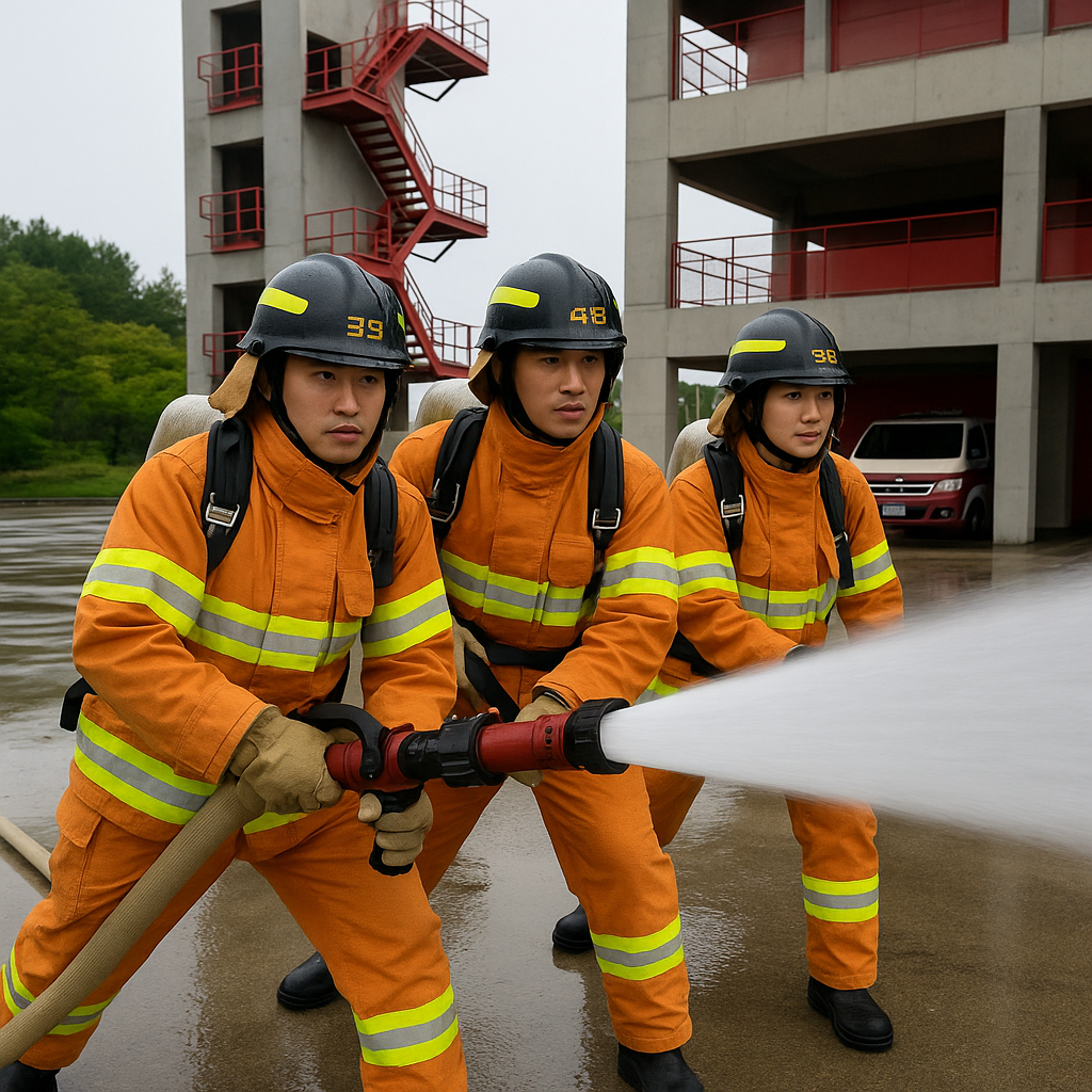 소방학교 훈련장에서 방수 훈련 중인 소방교육생 3명, 오렌지색 방화복과 헬멧을 착용한 채 화재진압 훈련 진행 중인 모습