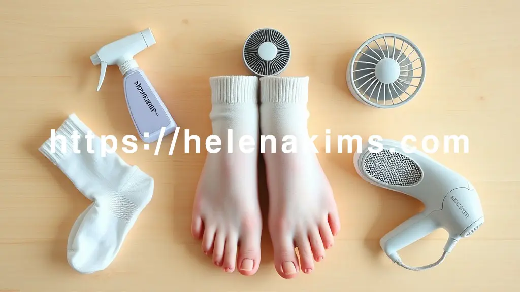 뽀송한 면 양말, 통기성 좋은 메시 소재의 운동화, 발 소독 스프레이, 그리고 발가락 사이를 말릴 때 쓰는 휴대용 선풍기, 드라이어 노즐, 작은 흡습제가 정갈하게 놓여있다.