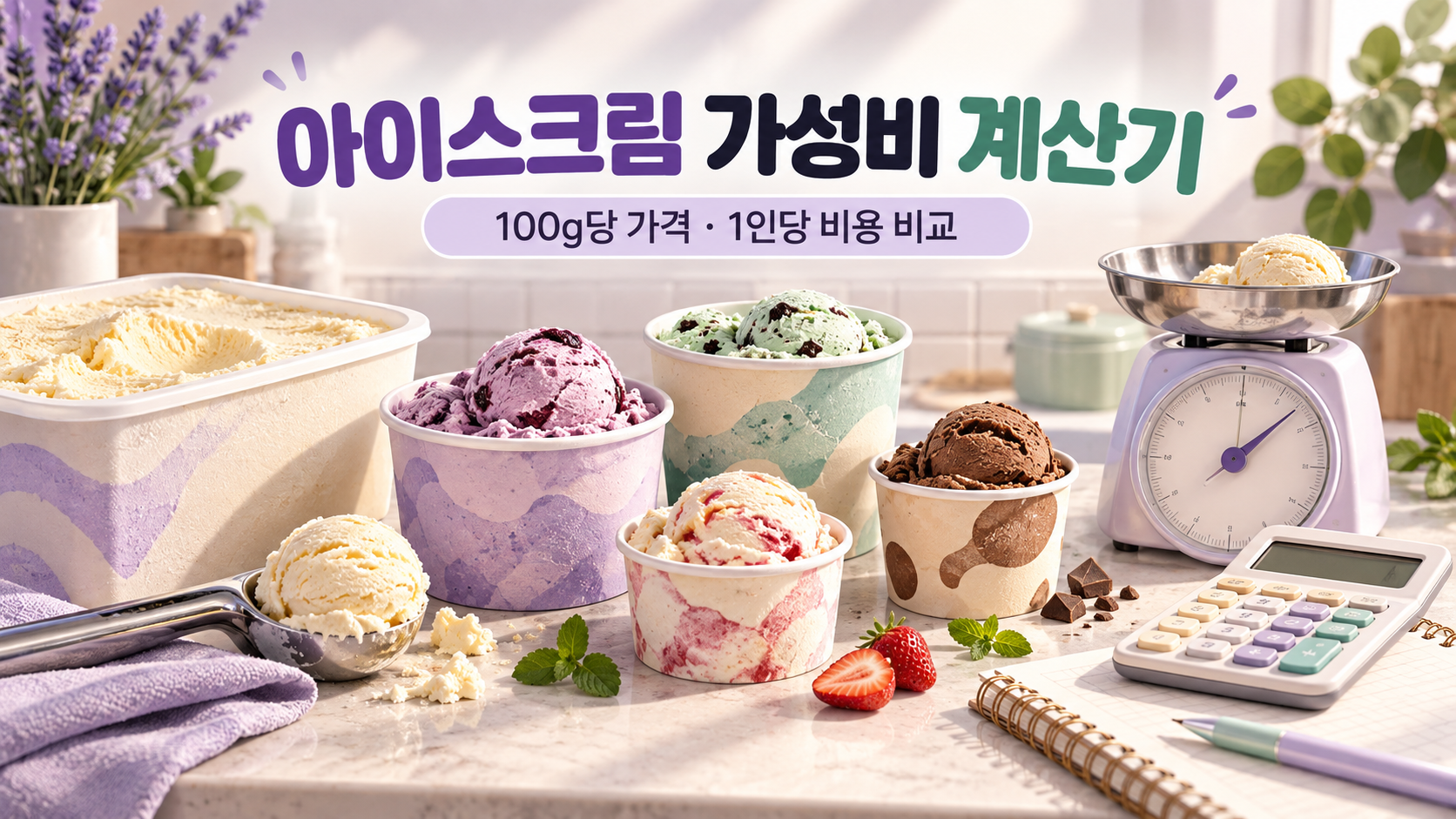 아이스크림 용량별 가성비 계산기 - 파인트&middot;쿼터&middot;패밀리 100g당 가격 비교