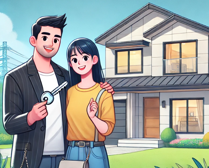 집 앞에서 웃고 있는 부부 이미지