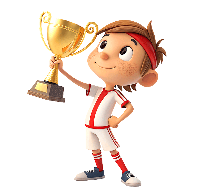 남자 운동선수가 빨간 머리띠를 한채 황금색 우승컵을 오른손으로 들고 미소짓고 있다.