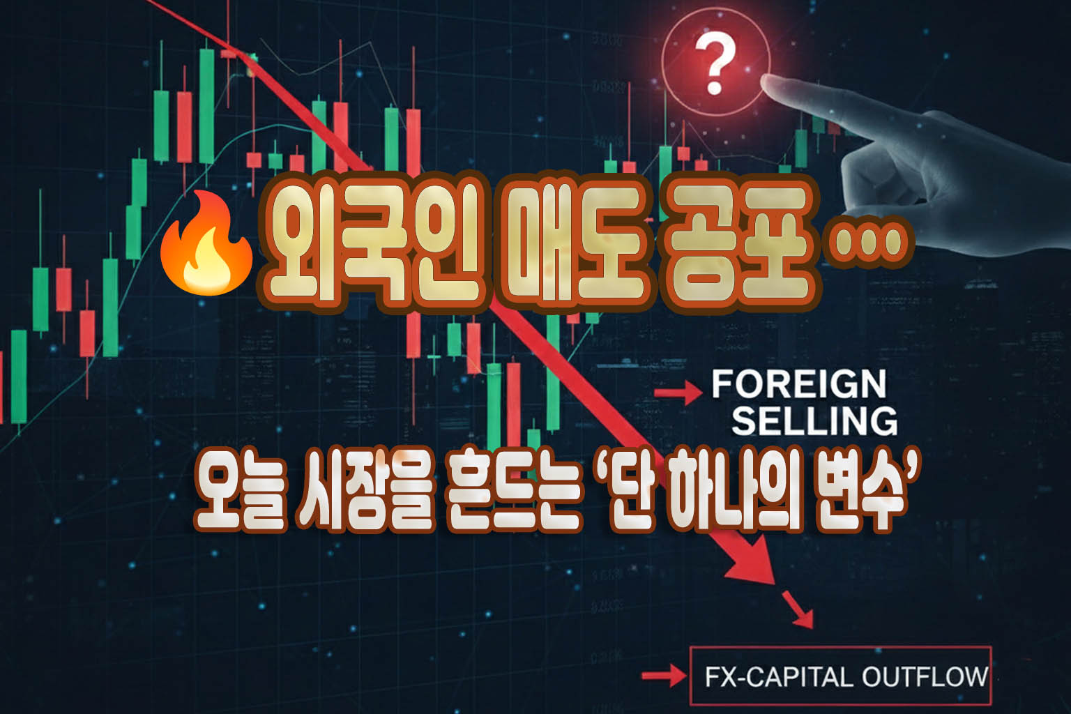 주식 시장의 외국인 매도 공포를 보여주는 차트 이미지. 붉은 하락 화살표가 FOREIGN SELLING과 FX-CAPITAL OUTFLOW를 명확히 가리키며 시장의 불안정성과 핵심 변수를 시각적으로 전달. 투자자에게 중요한 경고 메시지를 담고 있음