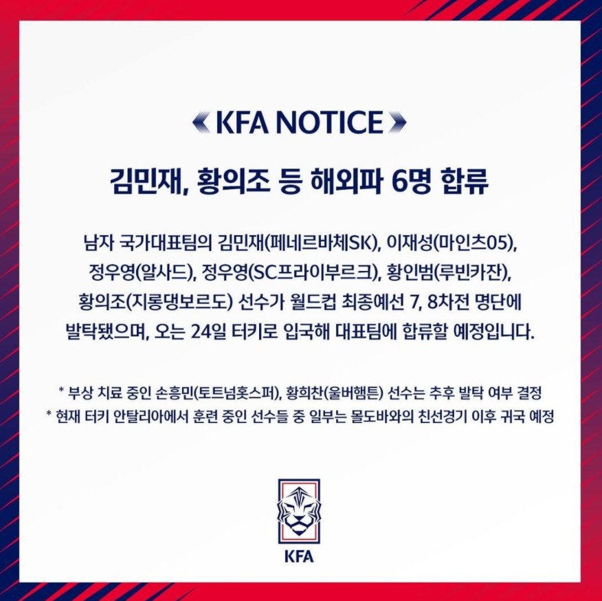 대한민국 대표팀 해외파 6명 소집