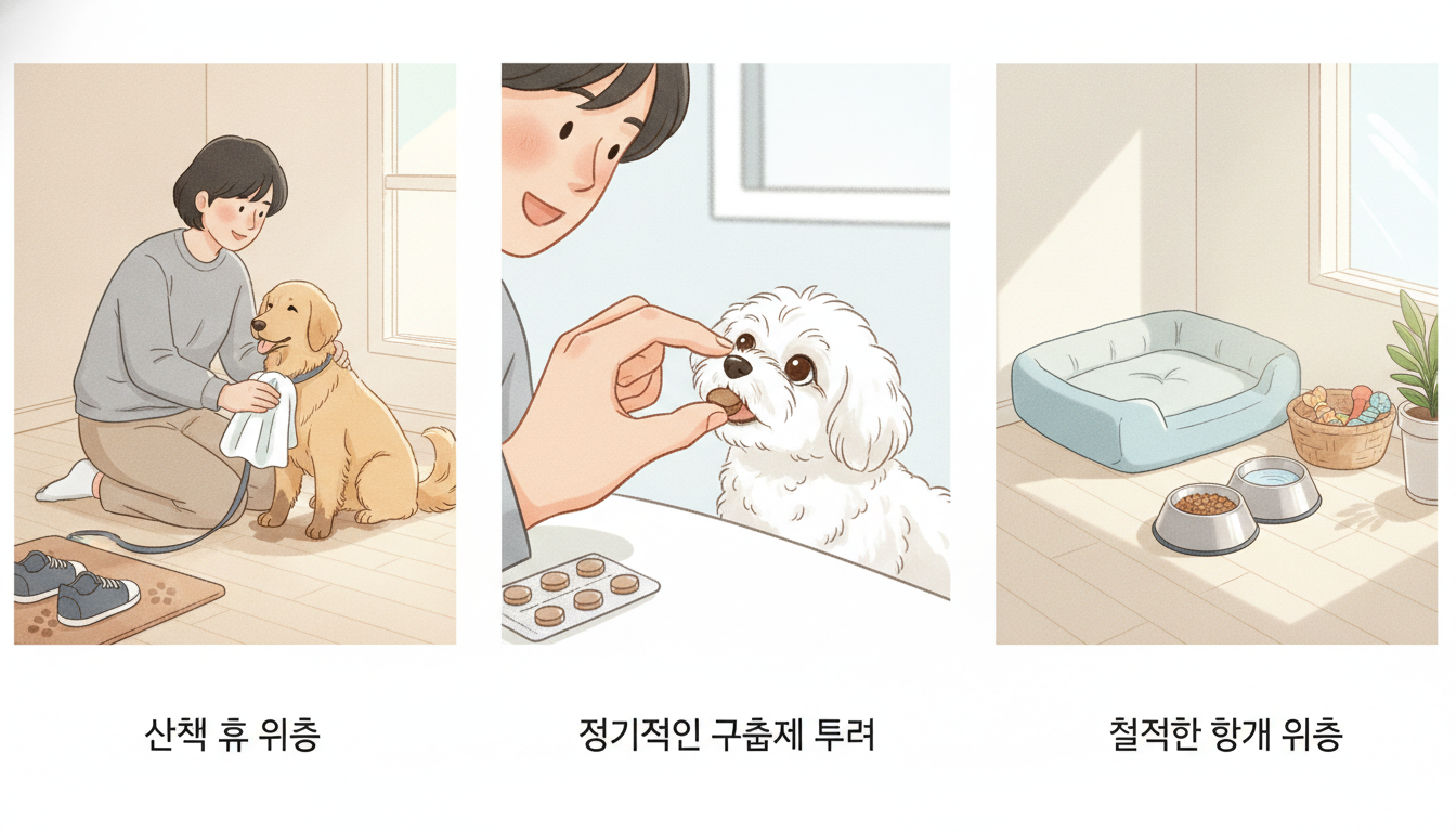 산책 후 발 닦기, 구충제 투여, 청결한 환경을 보여주는 3단 일러스트