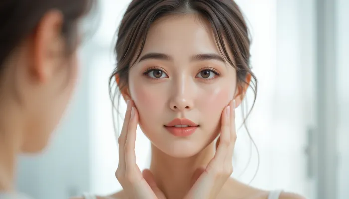 맑아진 피부를 손으로 만지며 미소 짓는 여성