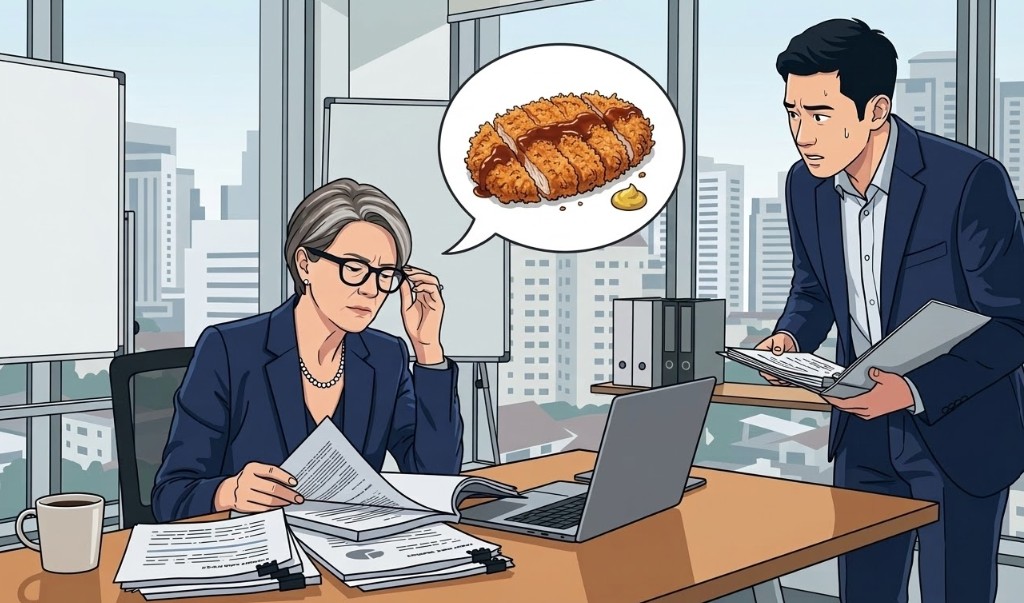결재 서류를 보며 돈가스를 생각하느라 미간을 찌푸린 팀장과, 이를 부정적인 피드백으로 지레짐작하는 결론의 도약 오류에 빠져 땀 흘리며 눈치 보는 과장의 모습