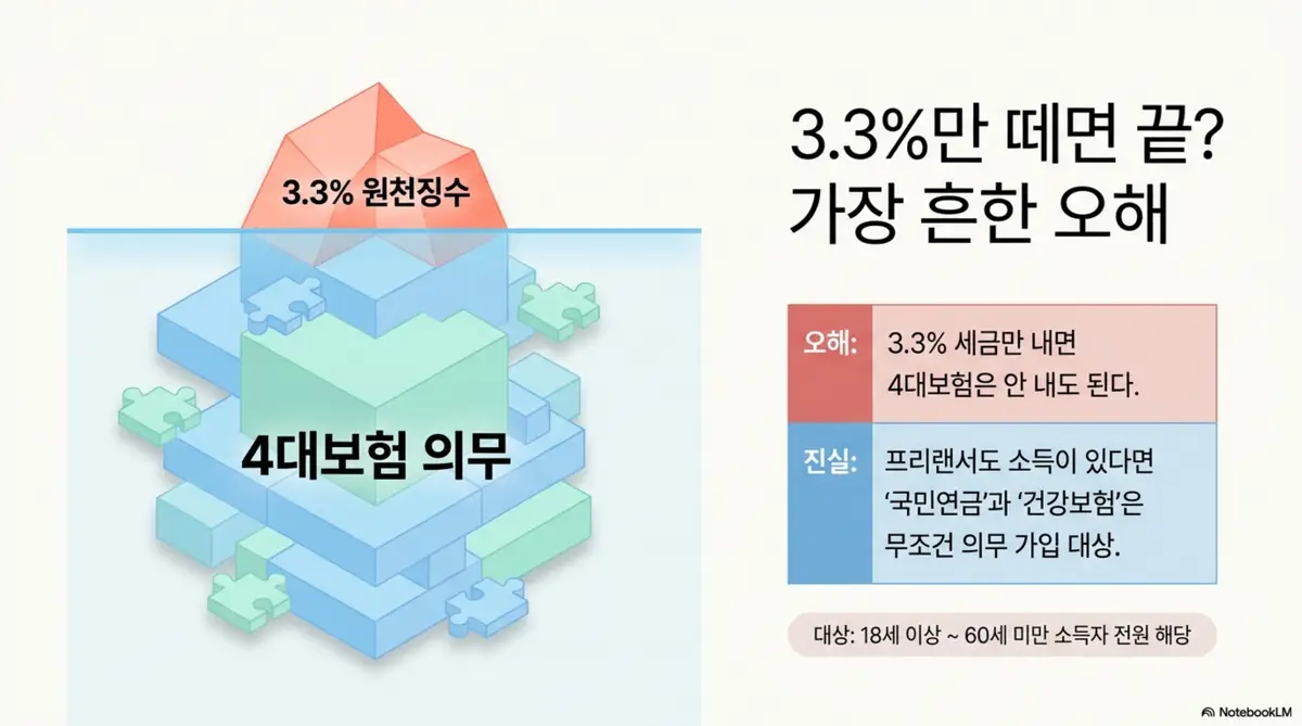 프리랜서 4대보험: 3점3퍼센트만 떼면 끝이라는 오해와 프리랜서도 소득이 있으면 국민연금 건강보험은 의무 가입 대상이라는 진실을 빙산 일러스트로 비교 설명하는 이미지. 프리랜서 4대보험 가입 의무 여부의 핵심 오해를 시각적으로 전달하며 블로그의 프리랜서 4대보험 원칙과 예외 정리와 관련된 내용을 설명함