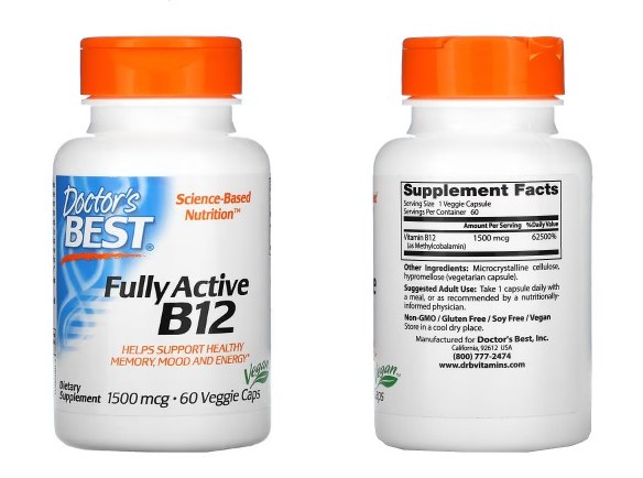 Doctor's Best, 완전 활성 B12, 1,500mcg, 베지 캡슐 60정