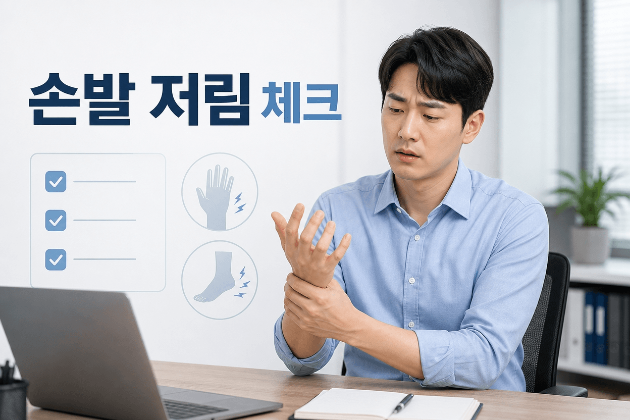 손발 저림으로 고민하는 직장인이 손을 쥐었다 펴며 증상을 확인하는 모습
