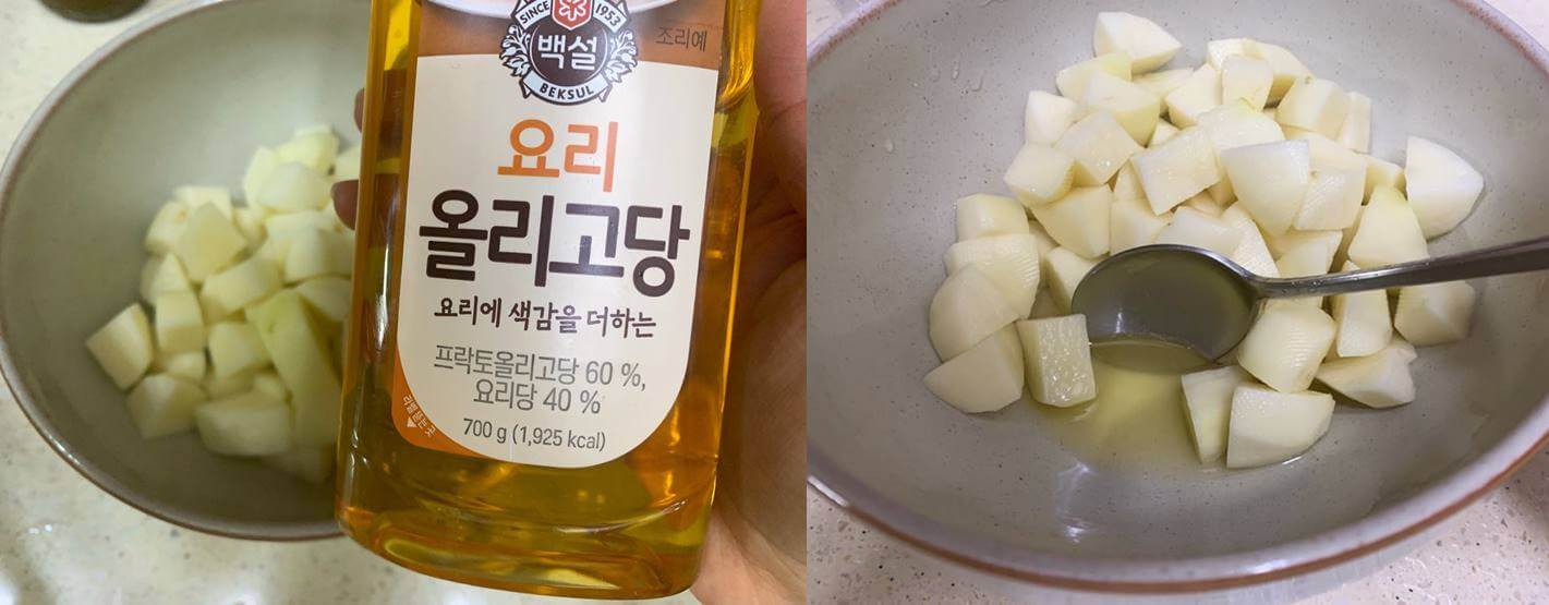 사진 2장이 가로로 붙어있다.
오른쪽 사진은 올리고당 사진이다.
왼쪽 사진은 감자에서 물이 나온 사진이다.