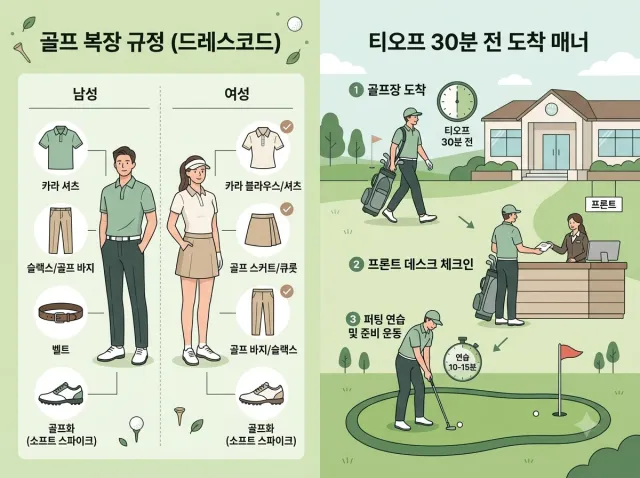 골프 복장과 티오프 30분 전 도착의 설명을 하는 이미지