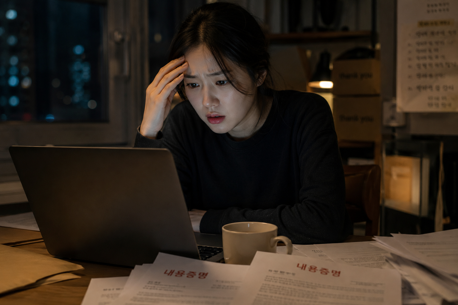 내용증명을 받고 불안해하는 무자본 스마트스토어 위탁판매 초보 셀러의 모습