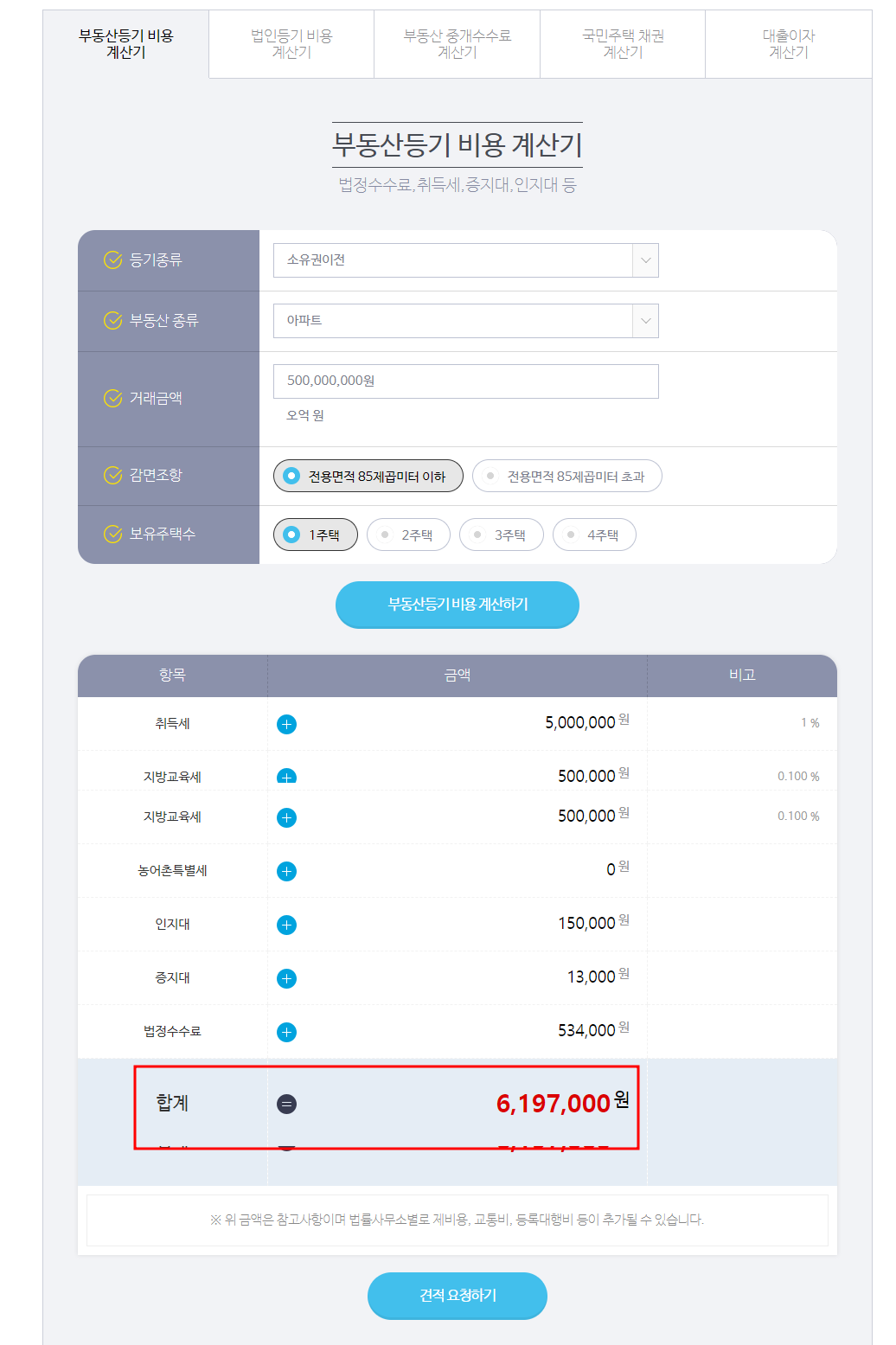 부동산등기 비용 계산기