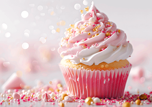 커다란 컵케이크가 있다. 하얀 생크림이 있고 분황색과 노란색 구슬설탕들이 가득하다.