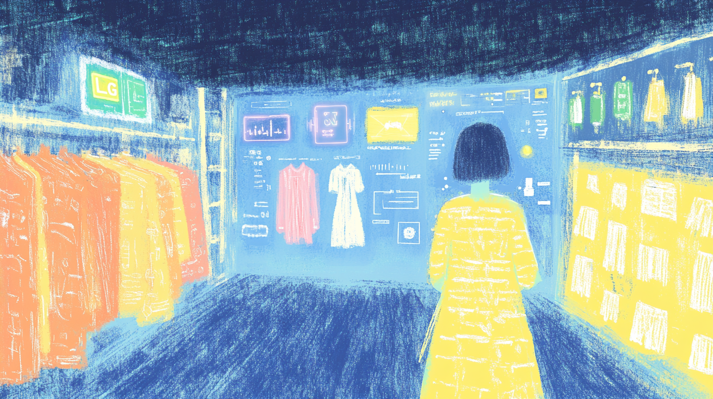 LG 워시타워 내부에서 AI DD 기술이 옷감의 섬유를 분석하는 모습의 미래적인 묘사. 디지털 시각화와 빛나는 인터페이스를 포함함.