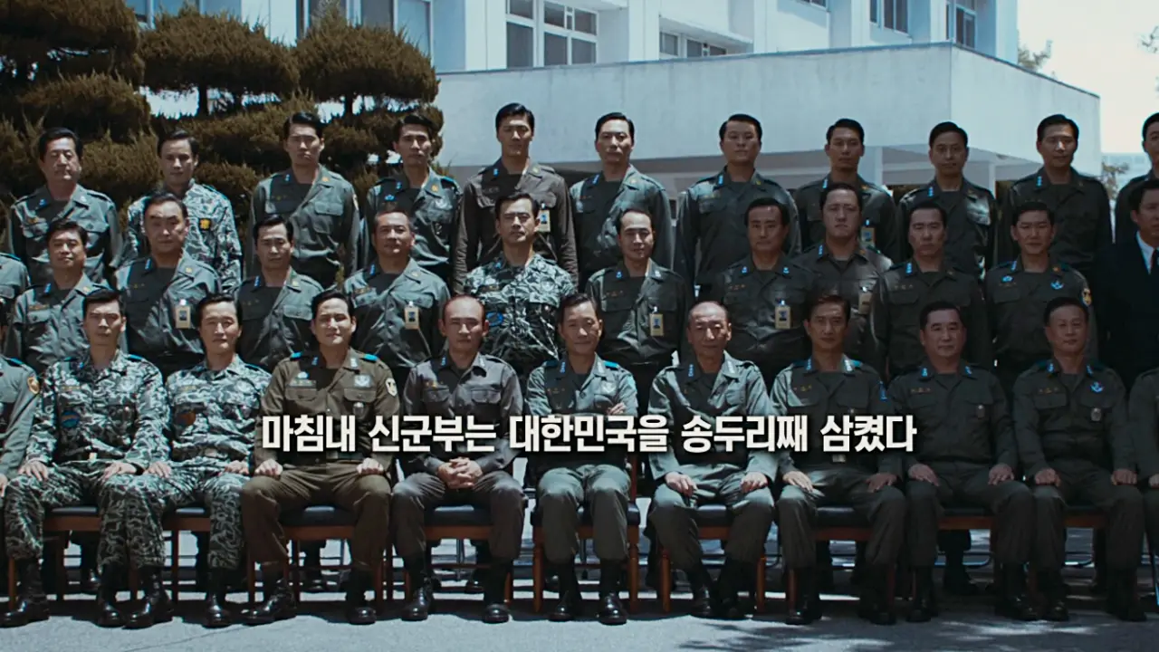영화 서울의 봄 결말에서 승리한 하나회가 기념 사진을 찍는다. 이 사진은 실화를 모티브로 한 것이다