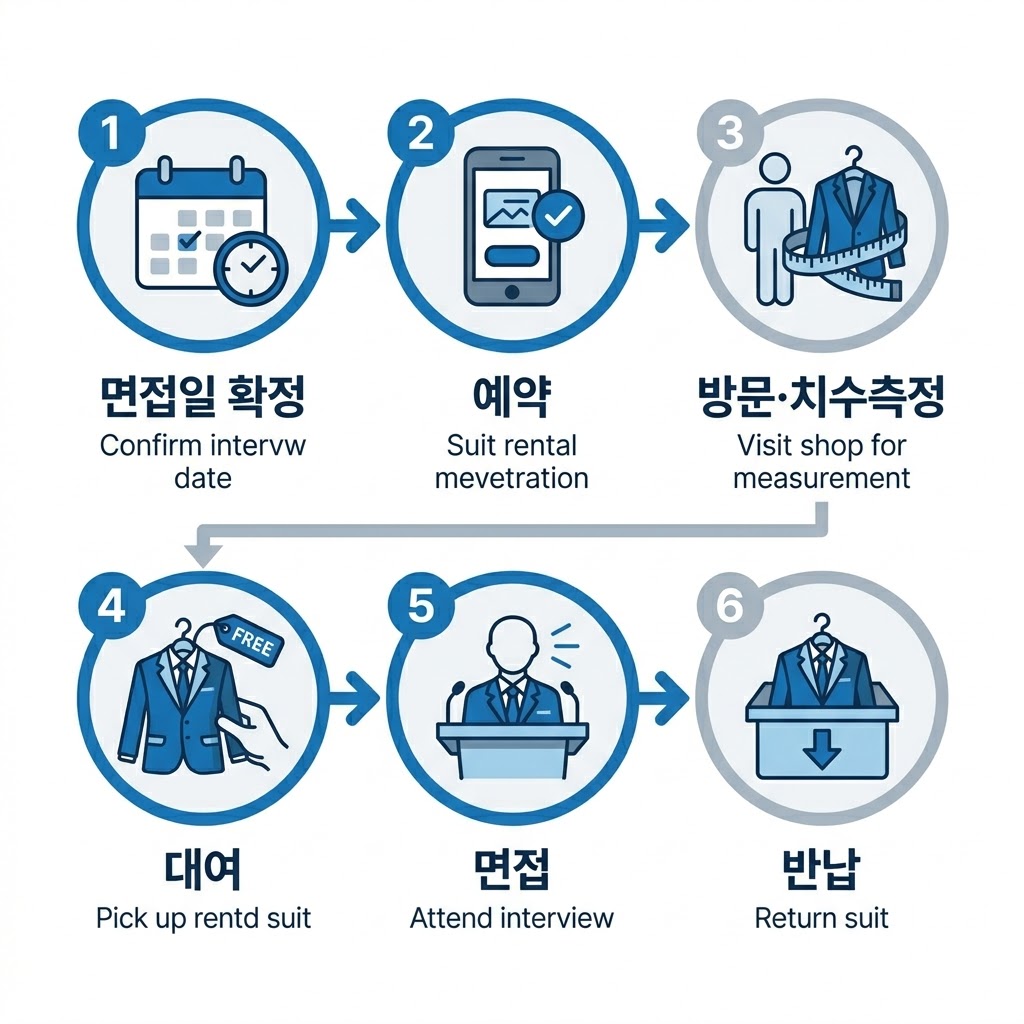 취업날개 면접정장 무료대여 신청 절차 6단계 인포그래픽