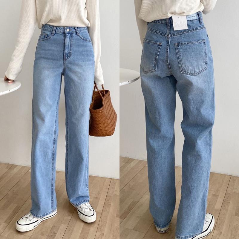 여자 하이웨스트 와이드 롱 청바지 데님 일자 팬츠 통청바지 핀턱 연청