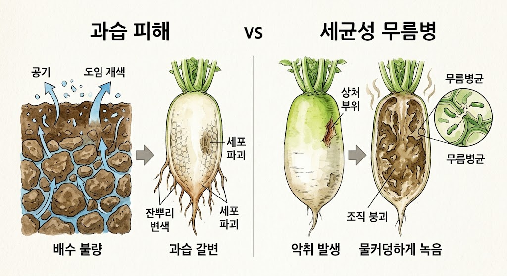과습으로 인한 뿌리 손상과 세균성 무름병의 증상 차이를 비교 설명하는 인포그래픽