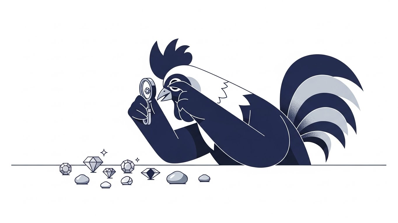 루페로 보석을 감정하며 진짜와 가짜를 구별해내는 예리한 닭 캐릭터 일러스트