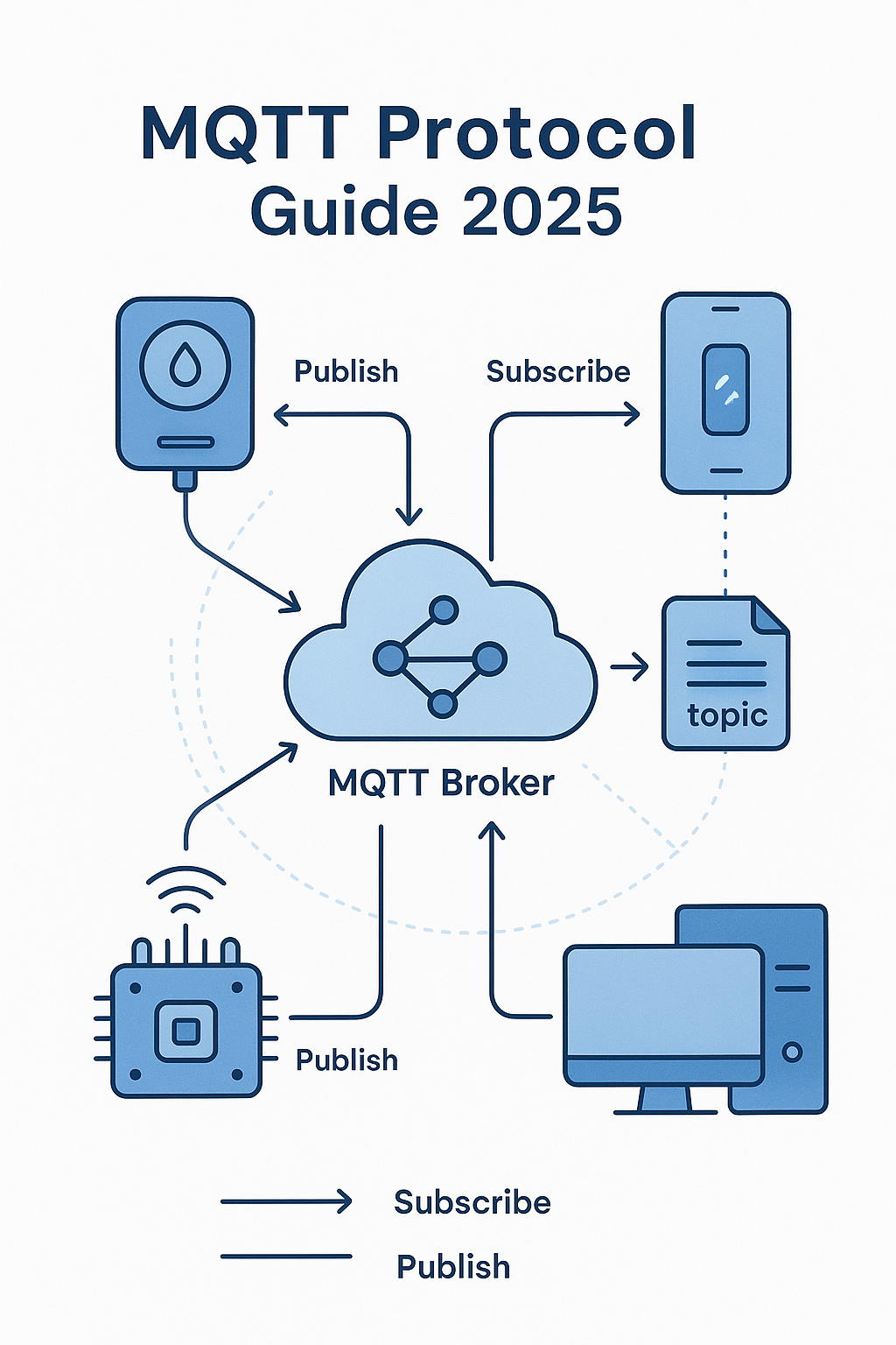 MQTT protocol architecture diagram showing broker-based publish subscribe messaging system for IoT devices communication