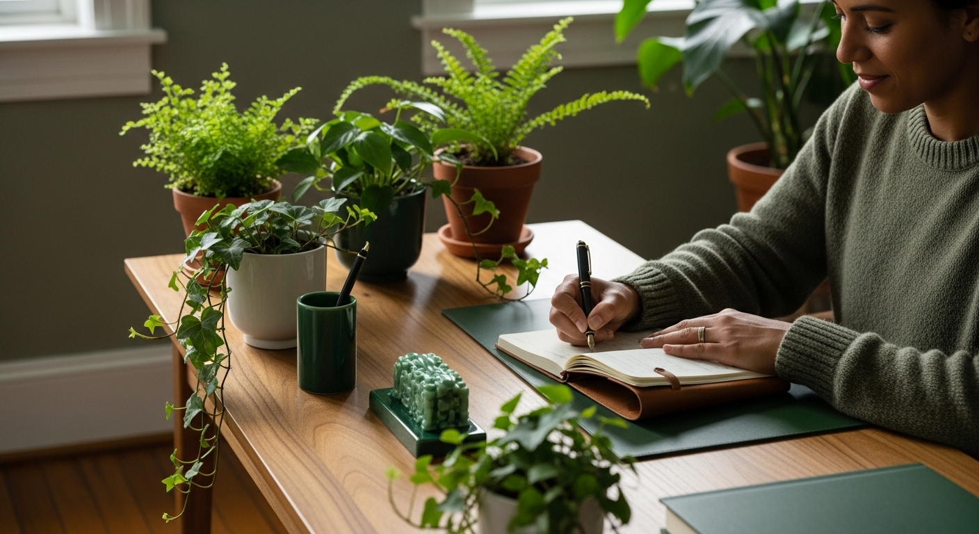 차분한 공간에서 공책과 펜을 들고 주일예배 대표기도문을 정성스럽게 작성하는 사람의 모습.