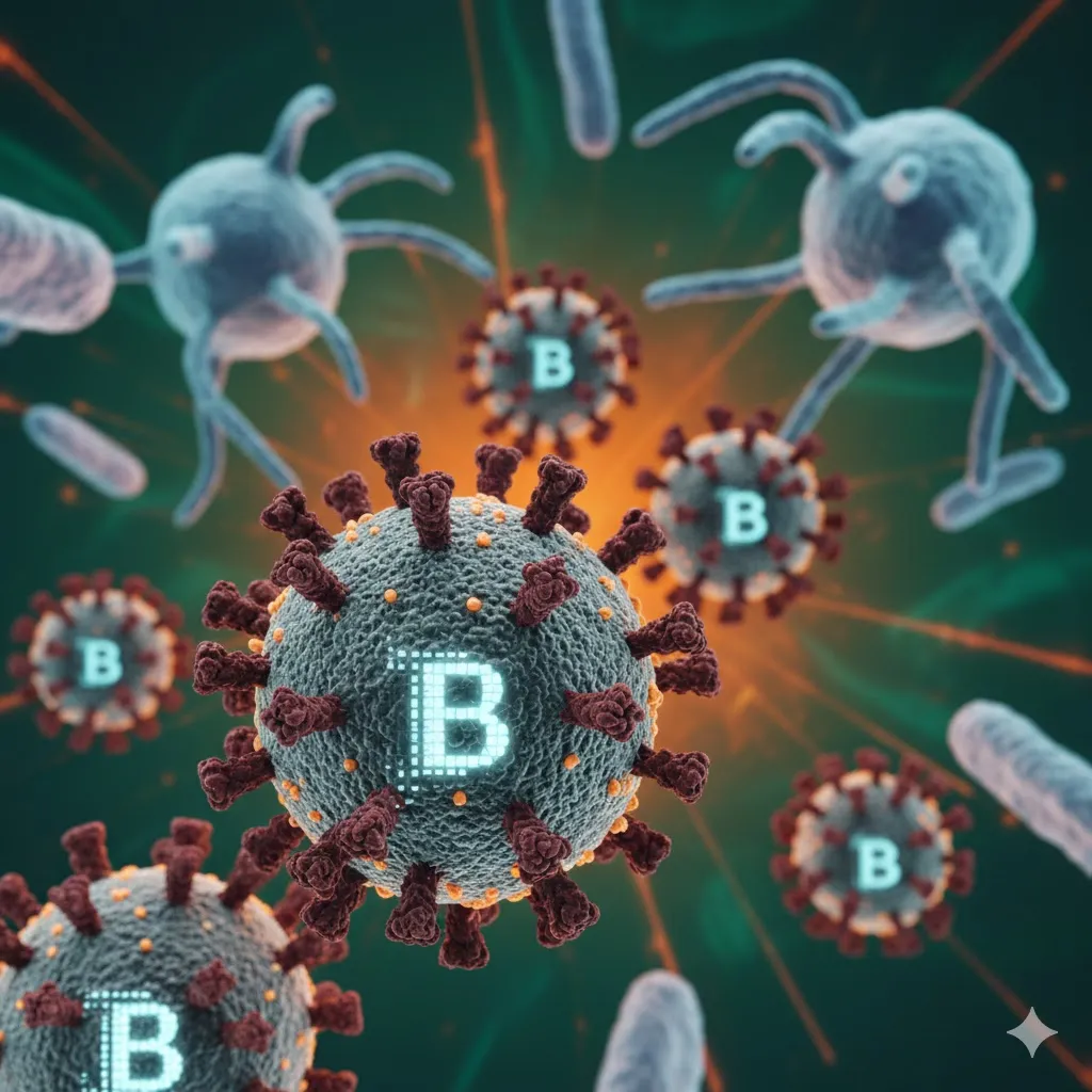 초록색 또는 주황색 계열의 배경 위로 B형 독감 바이러스의 특징적인 구형 또는 불규칙한 모양을 3D 렌더링으로 사실감 있게 표현합니다. 바이러스 표면에는 독감 유형을 나타내는 &amp;#39;B&amp;#39; 문자를 미묘하게 삽입하여 정보 전달력을 높일 수 있습니다. 주변에는 면역 세포들이 이를 에워싸거나 공격하는 듯한 흐릿한 배경을 넣어 긴장감을 더할 수 있습니다. 