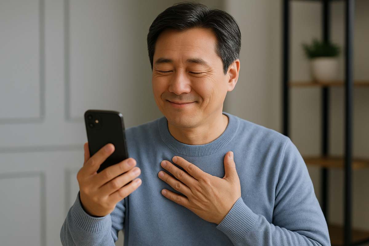 환급 확인 메시지를 본 후 안심하는 중년 남성