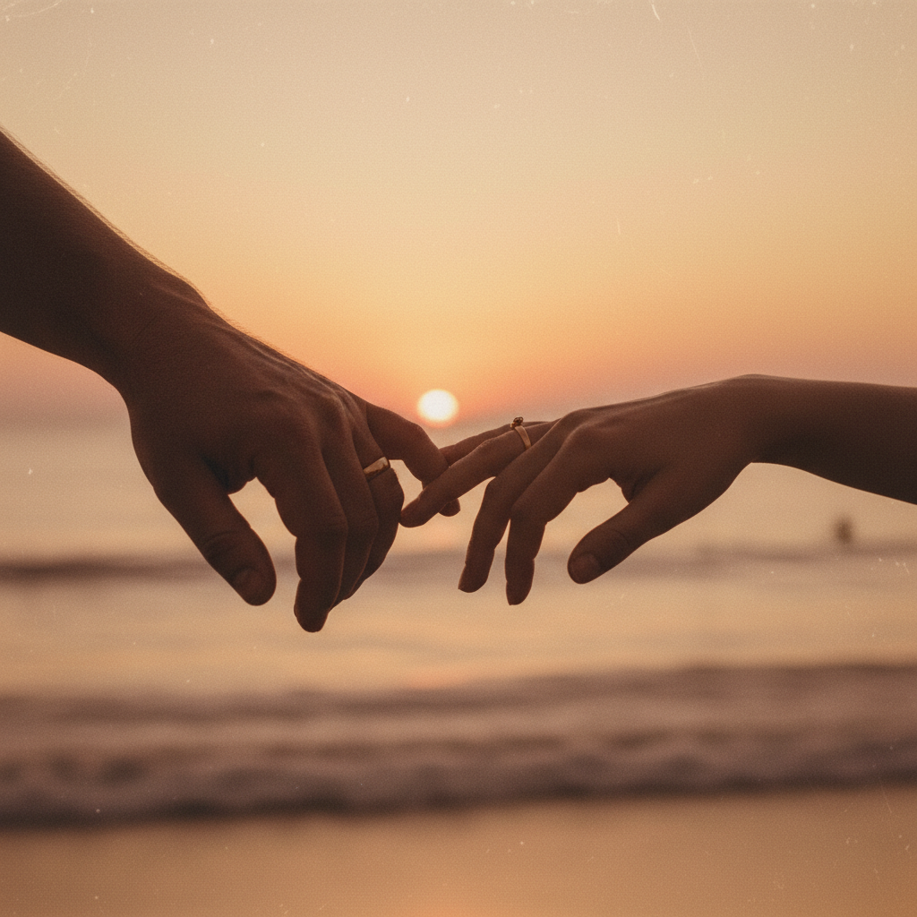 황혼이 지는 해변에서 서로에게서 멀어져 가는 두 연인의 실루엣. 아련하고 쓸쓸한 분위기.