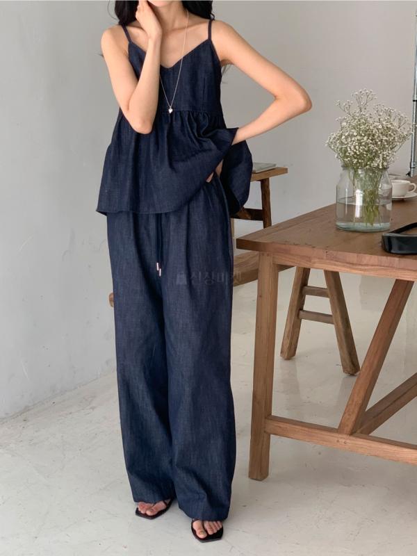 논페이드 데님 나시 밴딩 셋업 set