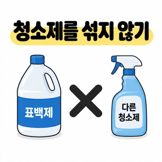 청소제를 섞지 않기 제목 아래 표백제 병과 다른 청소제 병 사이에 검정색 X 표시를 놓은 혼합 금지 도식
