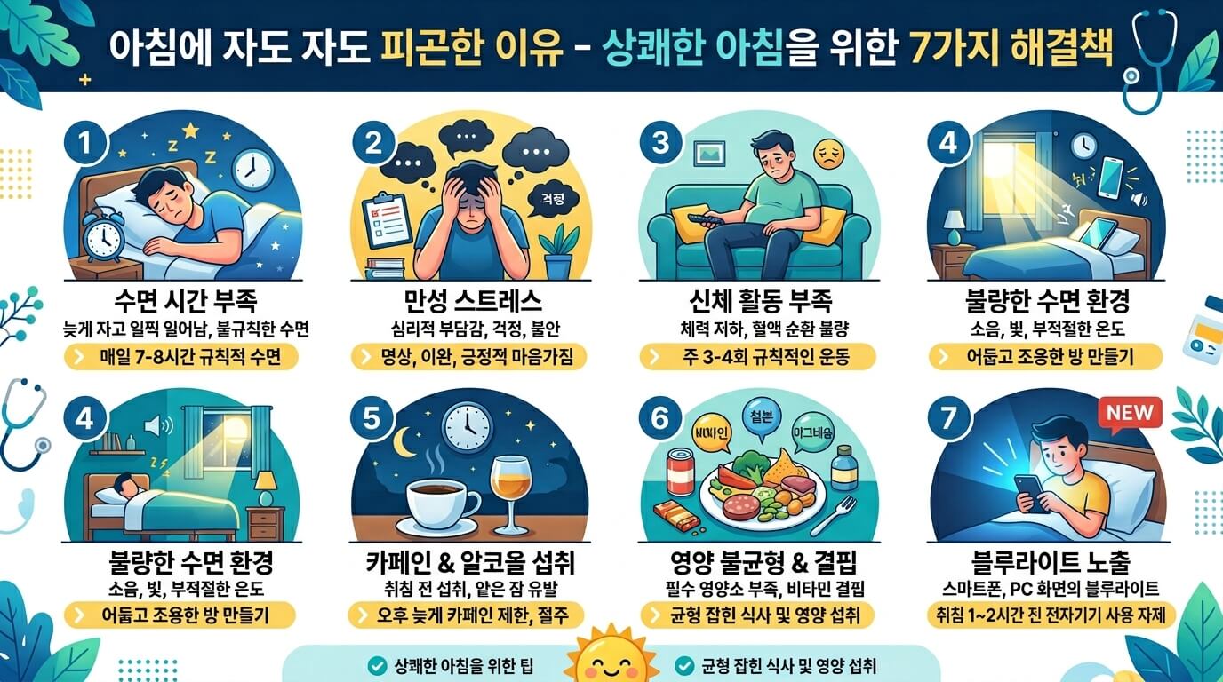아침에 일어나도 피곤한 이유 7가지와 해결 방법을 설명하는 건강 인포그래픽